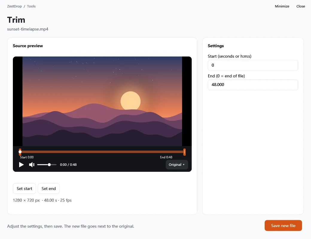 The ZestDrop trim tool window, with a video preview, a timeline with orange start and end handles, playback controls and start and end time fields.
